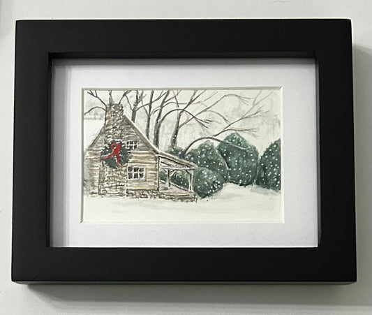 Peaceful Cabin in Winter - New Miniature Original Art FRAME