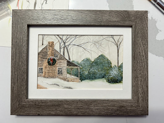 Peaceful Cabin in Winter - New 5x7 Original Art FRAMED